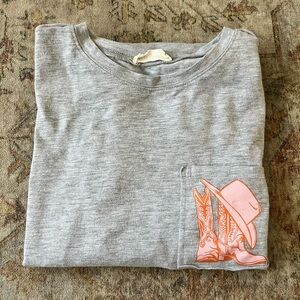 Gray Howdy T-Shirt Dress with Orange Cowboy Boot and Hat Design